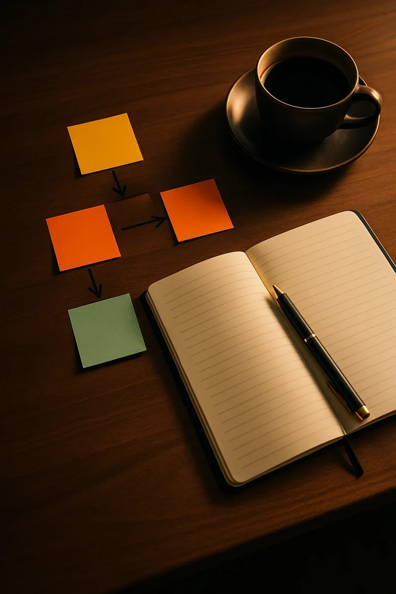 A creative project-planning desk with a sketched roadmap