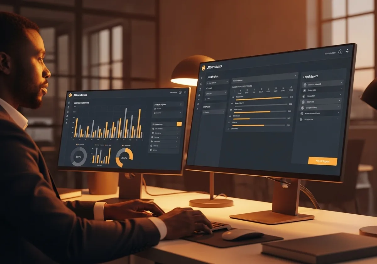 Operations manager reviewing an attendance dashboard with payroll export