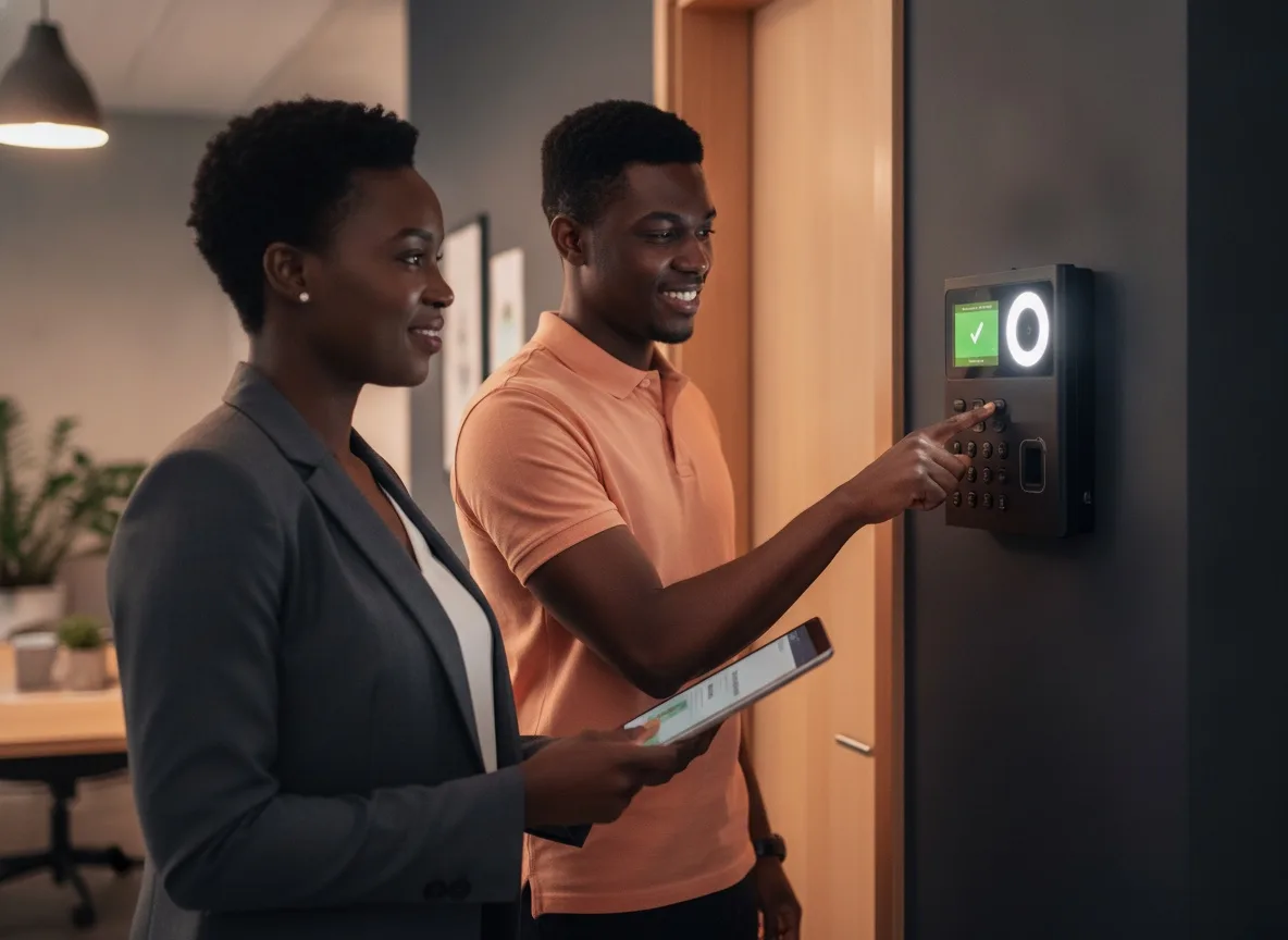HR administrator enrolling a colleague on a biometric attendance terminal