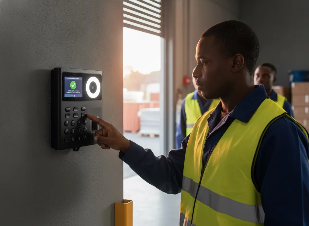 Warehouse worker clocking in on a wall-mounted attendance terminal