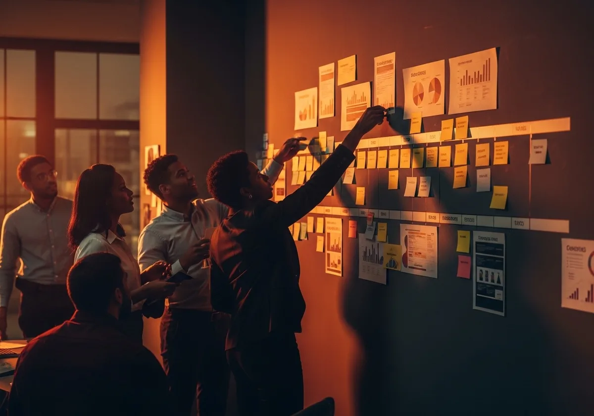 An Exquode team planning an advertising campaign on a wall of boards