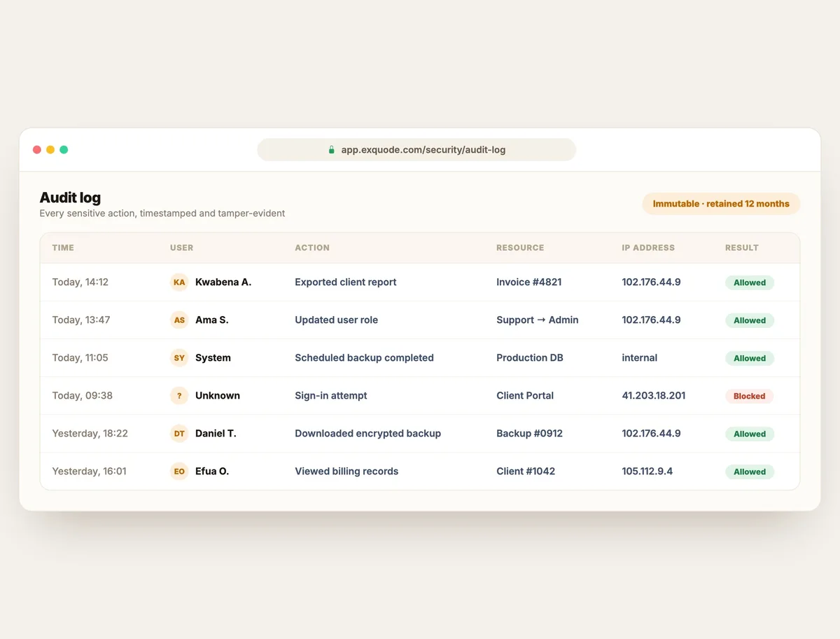 An immutable audit log of sensitive account actions